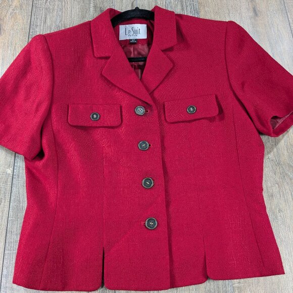 Le Suit Blazer Jacket Womens 10 Petite Red Short Sleeve Button Up Preppy Office - Picture 1 of 9